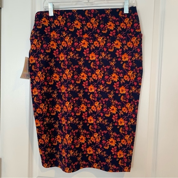 LulaRoe Cassie Blue Orange Floral Pencil Skirt Size Large - Picture 3 of 6